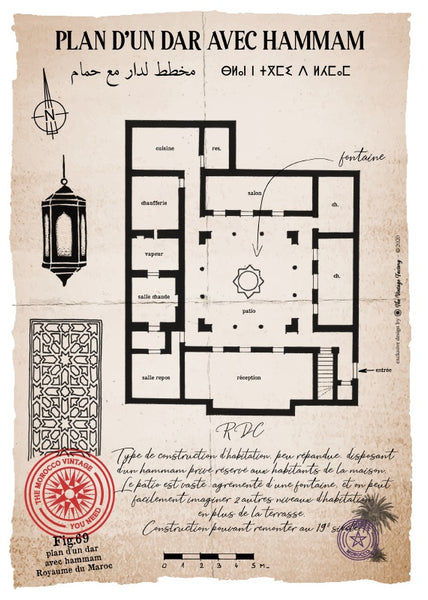 Plan d'un Dar avec hammam, architecture du Maroc